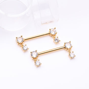 Detail View 1 of A Pair of Golden Brilliant Sparkle Gem Dangle Nipple Barbell-Clear Gem